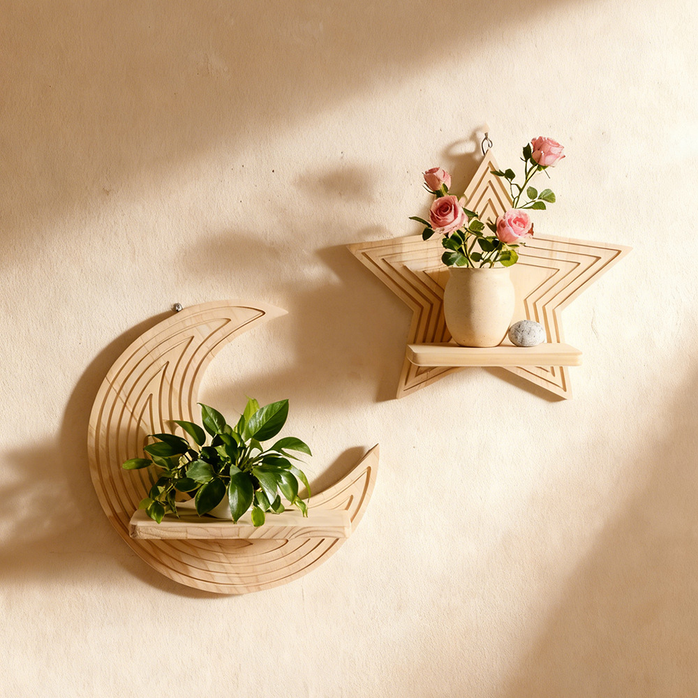 Floating Shelves - Rak Dinding Kayu Bentuk Bulan Bintang,